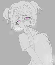 1girls black_and_white blush breasts breath breathing doki_doki_literature_club exspiravitbag female female_masturbation female_only hairclip masturbation monochrome natsuki_(doki_doki_literature_club) out_of_frame_censoring pink_eyes shirt_lift small_breasts solo solo_female stomach twintails