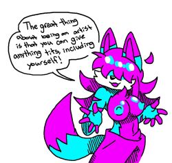 4th_wall_breaking anthro big_breasts blinding_bangs breasts cyan_fur dialogue digital_drawing_(artwork) digital_media_(artwork) female female_focus female_only folf fox foxwolf furry furry_only gender_transformation isokilo magenta_fur magenta_hair nipples rule_63 self_upload shoulder_length_hair simple_background simple_shading sweatpants wolf