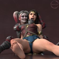 2girls 3d 3d_(artwork) amazon batman_(series) black_hair blue_eyes dark_hair dc dc_comics defeated_heroine demigod demigoddess diana_prince digital_media_(artwork) eyebrows eyelashes eyes female female_only fingers_in_mouth grin grinning grinning_at_viewer hair harley_quinn harley_quinn_(injustice) hero heroine human humanoid injustice_2 legs light-skinned_female light_skin lips long_hair pale-skinned_female pale_skin superhero superheroine themysciran thighs villain villainess wafl2k wafl4k waist watermark wonder_woman wonder_woman_(injustice) wonder_woman_(series)