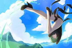 1girls arms_up ass aura bare_legs big_ass black_dress breasts closed_mouth cloud cloudy_sky curly_hair dress english_commentary female female_only floating full_body green_eyes green_hair high_heels highres legs levitation looking_at_viewer no_panties one-punch_man outdoors pelvic_curtain petite pomelomelon psychic pussy_peek short_hair side_slit sky small_breasts solo tatsumaki telekinesis thighs upside-down