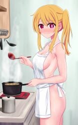 apron apron_only barely_clothed blonde_hair blush breasts cleavage cooking embarrassed food functionally_nude hoshino_ruby izunomi kitchen long_hair looking_at_viewer mostly_nude naked_apron one_side_up oshi_no_ko red_eyes sideboob soup spoon