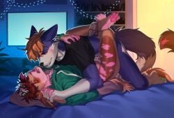 affax anthro anus ass bedroom big_butt blue_body blue_fur blush bodily_fluids brown_body brown_fur canid canine clothing cum eihman felid feline fox from_front_position fumiko fur genital_fluids hair hybrid justzen lynx male male/male mammal mating_press multicolored_body multicolored_fur multicolored_hair narrowed_eyes pawpads paws pink_body pink_fur pink_hair sabertooth_feline seductive sex smile tan_body tan_fur thick_thighs two_tone_hair underwear white_body white_fur