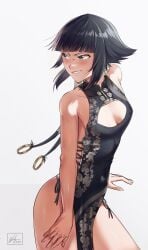 bleach bleach:_the_thousand-year_blood_war blush cleavage cleavage_cutout dress skinny small_breasts soifon sui-feng waligner