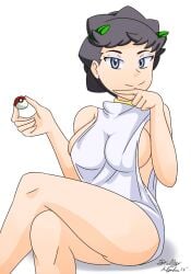 1girls 2016 blue_eyes breasts cleavage dalley_le_alpha diantha_(pokemon) female female_only gray_hair grey_hair human nintendo pokeball pokemon pokemon_trainer short_hair solo