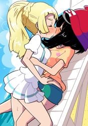 2girls beach beach_chair big_breasts black_hair blonde_hair blush breast_squish closed_eyes cute feeling_up female female_focus female_only game_freak human kissing legs legs_together lillie_(pokemon) making_out multiple_girls nintendo ocean outside pocha pokemon pokemon_sm pokemon_trainer ponytail public selene_(pokemon) short_hair shorts skirt sky stomach thighs thighs_together yuri