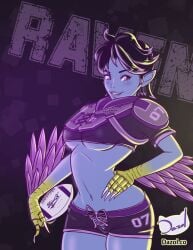 american_football american_football_(ball) dazol feathered_wings harpy large_breasts original_character pointy_ears purple_skin short_hair shorts tagme toned toned_female