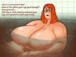 1girls bathing bbw big_breasts breasts dialogue gammanaut gilf glasses hairy_pussy hi_res highres huge_breasts long_hair looking_at_viewer massive_breasts nude nude_female overweight_female pubic_hair red_hair sagging_breasts solo solo_female solo_focus stretch_marks text wrinkles