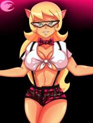 anthro black_background blonde_hair blue_eyes bowtie breasts callie_briggs cleavage dalley_le_alpha feline female female_only furry glasses hanna-barbera long_hair pink_background shorts swat_kats tan_fur thighs