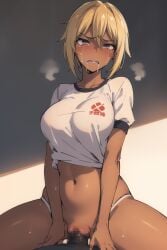 1boy 1girls ai_generated bertrand_(kamikatsu) big_breasts blonde_hair dark-skinned_female female gym_uniform kaminaki_sekai_no_kamisama_katsudou rule_63 solo