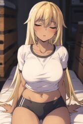 1girls ai_generated bertrand_(kamikatsu) big_breasts blonde_hair dark-skinned_female female gym_uniform kaminaki_sekai_no_kamisama_katsudou rule_63 solo