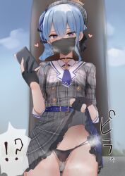 1girls ascot belt beret black_panties blue_eyes blue_hair cellphone clothes_lift dress dress_lift female female_only gloves hair_between_eyes hat highres holding holding_phone hololive hololive_gen_0 hololive_japan hoshimachi_suisei hoshimachi_suisei_(1st_costume) lifted_by_self looking_at_viewer mask medium_hair mouth_mask panties partially_fingerless_gloves phone plaid plaid_dress side_ponytail solo tikuwazyousyou underwear virtual_youtuber