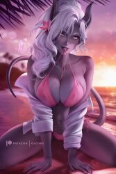 1girls bikini curvaceous curvy_body curvy_figure female_focus hi_res long_hair looking_at_viewer ogre ogre_female olchas original original_character seductive_look sunset white_hair