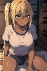 1girls ai_generated bertrand_(kamikatsu) big_breasts blonde_hair dark-skinned_female female gym_uniform kaminaki_sekai_no_kamisama_katsudou rule_63 solo