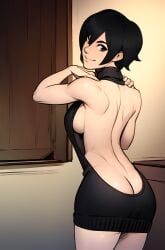 ai_generated ass ass_focus back_view batgirl batgirl_(cassandra_cain) batman_(series) black_hair brown_eyes cassandra_cain dc_comics exposed_ass exposed_back pixai sideboob smile solo_female standing sweater virgin_killer_sweater