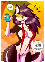 beach bikini black_fur breasts canine canine_humanoid dialogue fur galajo long_hair lotion piercings red_sling_bikini skimpy_bikini sling_bikini slingshot_swimsuit sunglasses suntan_lotion tinted_eyewear yellow-tinted_eyewear