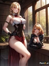 2girls ai_generated bartender big_breasts black_gloves blonde_hair cleavage corset exposed_thighs female_only implied_lesbian leather_gloves leather_jacket