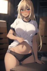 1girls ai_generated bertrand_(kamikatsu) big_breasts blonde_hair dark-skinned_female female gym_uniform kaminaki_sekai_no_kamisama_katsudou rule_63 solo