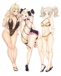 3girls absurdres alternate_costume ass big_ass bikini black_one-piece_swimsuit black_swimsuit blonde_hair blue_eyes breasts cameltoe center_opening cleavage commission elise_(fire_emblem) elise_(summer)_(fire_emblem) female female_only fire_emblem fire_emblem_fates grandmother_and_granddaughter high_heels highres lissa_(fire_emblem) long_hair medium_breasts multiple_girls nabunabu navel nintendo non-web_source official_alternate_costume one-piece_swimsuit ophelia_(fire_emblem) partially_visible_vulva purple_eyes sandals short_twintails slingshot_swimsuit small_breasts swimsuit teenager thighs twintails yellow_bikini yellow_swimsuit