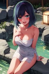 ai_generated blue_eyes blue_hair kurokawa_akane oshi_no_ko tagme towel towel_only towel_wrap