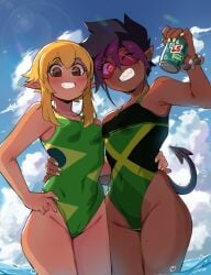 2girls arm_around_waist black_hair blonde_hair blush brazil brazilian brazilian_flag brown_eyes can dark-skinned_female dark_skin drink elf elf_ears elf_female female female_only green_clothing hi_res highlights_(coloring) holding holding_drink holding_object hugging in_water jamaican jamaican_flag light-skinned_female light_skin lightsource looking_at_viewer mole mole_on_shoulder mole_on_thigh nil_sunna_(nilsunna) nilsunna ocean original pointy_ears pose purple-tinted_eyewear purple_highlights sharp_teeth slit_pupils smiling smiling_at_viewer standing sunglasses swimsuit swimwear tail teeth teeth_clenched teeth_showing tinted_eyewear water wink winking_at_viewer zaffre_(lightsource)