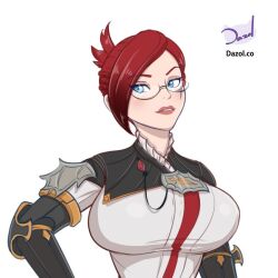 1girls armor background big_breasts blue_eyes dazol eyewear final_fantasy_xiv glasses hyur large_breasts lipstick maren_ryder red_hair tagme white