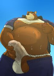 2023 anthro araiguma_11 asian_clothing balls bear belly big_belly blue_background blush bodily_fluids clothed clothing east_asian_clothing erection fundoshi genitals japanese_clothing juuichi_mikazuki kemono male mammal moobs morenatsu nipples overweight overweight_male penis raised_clothing raised_shirt raised_topwear shirt simple_background solo sweat topwear underwear white_clothing white_fundoshi white_underwear