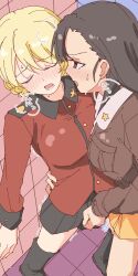 2girls black_hair blonde_hair blush braid breasts brown_eyes chi-hatan_military_uniform closed_eyes darjeeling fingering french_braid girls_und_panzer highres long_hair looking_at_another medium_breasts military_uniform multiple_girls nishi_kinuyo open_mouth st._gloriana's_military_uniform trembling unfortunate_hero uniform yuri