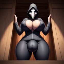 ai_generated angry angry_eyes big_bulge big_penis black_hoodie black_sweatpants black_sweatshirt blue_eyes breast_out breasts doorway futa_only futanari pissed pissed_off solo tagme tall taller_girl thick_thighs thighs