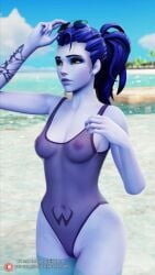 1girls 3d beach breasts cleavage darkbahamuth daytime female female_only highleg highleg_swimsuit long_hair navel navel_visible_through_clothes nipples nipples_visible_through_clothing outdoors outside overwatch patreon_logo patreon_username pinup ponytail pubic_tattoo purple_hair purple_skin pussy pussy_visible_through_clothes pussy_visible_through_swimsuit see-through see-through_clothing see-through_swimsuit shaved_pussy small_breasts solo standing standing_in_water sunglasses sunglasses_on_head swimsuit tattoo tattooed_arm widowmaker yellow_eyes