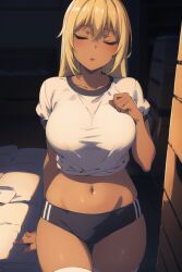 1girls ai_generated bertrand_(kamikatsu) big_breasts blonde_hair dark-skinned_female female gym_uniform kaminaki_sekai_no_kamisama_katsudou rule_63 solo