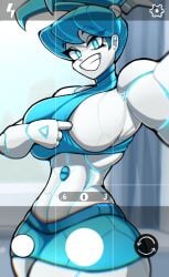 1girls big_breasts female jenny_wakeman looking_at_viewer midriff my_life_as_a_teenage_robot removing_bra selfie sideboob smiling teeth zzzhodazzz