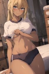 1girls ai_generated bertrand_(kamikatsu) big_breasts blonde_hair dark-skinned_female female gym_uniform kaminaki_sekai_no_kamisama_katsudou rule_63 solo