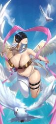 1girls 6_wings angel angel_wings angewomon anima_(togashi) bare_arms bare_shoulders big_breasts bird blonde_hair breasts cleavage closed_mouth digimon dove flirting full_body huge_breasts large_breasts legs_folded long_hair mask monster_girl multi_wing navel outdoors pantyhose pink_sash plump revealing_clothes single_glove sky solo straps thick_thighs thigh_strap tight_clothing white_footwear white_gloves wide_hips wings