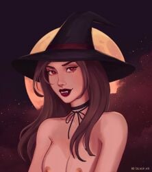 brown_hair edit exposed_breasts finalgirl vampire_fangs witch_hat