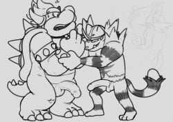 2019 3_toes 5_fingers anthro balls bowser bowserboy101 collar digital_media_(artwork) eye_contact eyebrows feet fingers generation_7_pokemon genitals grey_background grin hair horn humanoid_genitalia humanoid_penis incineroar koopa looking_at_another male mario_(series) nintendo penis pokemon pokemon_(species) scalie shell simple_background smile spiked_collar spiked_shell spikes spikes_(anatomy) teeth thick_eyebrows toes