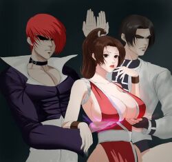 1girls 2boys armpits big_breasts black_eyes black_hair black_jacket black_sclera black_t-shirt brown_hair choker cleavage collar flames hair_over_one_eye hands_up headband holding_breast huge_breasts iori_yagami king_of_fighters kyo_kusanagi lipstick long_hair mai_shiranui meme red_hair revealing_clothes servants_holding_aphrodite's_breasts_(meme) snk white_jacket white_shirt