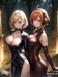 2girls ai_generated bare_shoulders blonde_hair blush bursting_breasts cleavage collar collarbone dress dress_slit embarrassed female_only ginger_hair hand_on_hip headphones huge_breasts large_breasts leather leather_dress necklace outside overflowing_breasts presenting_breasts round_ass round_breasts short_hair skin_tight slim_waist straps yuri