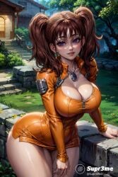 ai_generated big_breasts breasts brown_hair cleavage curvaceous curvy curvy_female curvy_figure diane_(nanatsu_no_taizai) female female_only jacket large_breasts looking_at_viewer nanatsu_no_taizai outdoors purple_eyes seven_deadly_sins smile smiling smiling_at_viewer solo solo_female supr3metr thick_thighs thighs twintails wide_hips