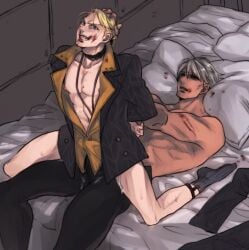 2boys anal angry armpits arms_behind_back bed bedsheets black_pants black_sclera black_suit blonde_hair blood blue_eyes choker cum cum_in_ass cum_inside gay hair_tied half_naked hand_on_head jojo's_bizarre_adventure male_only muscular_male necklace nipples pale-skinned_male prosciutto prostitution red_eyes reverse_cowgirl_position risotto_nero room socks vento_aureo white_hair yaoi yellow_shirt