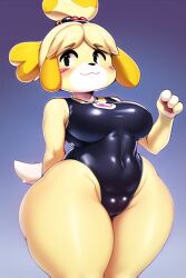 abs ai_generated animal_crossing animal_crossing_new_horizons anthro big_breasts blush breasts cameltoe canine canis domestic_dog female_only furry hips isabelle_(animal_crossing) latex leotard mammal nintendo novelai paws puffy_pussy reflective_clothing shih_tzu shiny_clothes slightly_chubby smiling swimsuit thick_thighs tight_clothing tight_fit