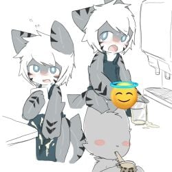 blush bobba_tea censored changed_(video_game) changed_fan_artist chano cooking cum_in_cup cum_in_drink cum_on_body cum_on_clothes cum_on_fur cute drinking drinking_cum embarrassed emoji emoji_censor femboy furry gay gray_fur grey_skin shark shark_(changed) shy tiger_shark_(changed) white_hair wolf work_uniform working