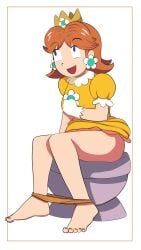 1girls anonymous_artist ass barefoot big_ass blue_eyes brown_hair clothing feet female female_only full_body implied_scat light_skin light_skinned_female mario_(series) nintendo on_toilet open_mouth orange_panties panties panties_down panty_pull partially_clothed princess_daisy relief sat_on simple_background sitting smile solo straining thighs toilet toilet_bowl toilet_seat toilet_use white_background