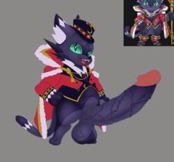 1boy anthro balls belly big_penis black_body black_fur bottomless cait_sith_(tokyo_afterschool_summoners) clothed clothing digitigrade domestic_cat felid feline felis fur genitals green_eyes hand_on_penis hand_on_side hat headgear headwear huge_cock humanoid_genitalia humanoid_penis hyper hyper_genitalia hyper_penis looking_at_viewer magician male male_only mammal navel penis premiumdraw robe royalty slightly_chubby smile smiling_at_viewer solo tail tokyo_afterschool_summoners top_hat vein veiny_balls veiny_penis white_body white_fur