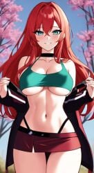 1girls ai_generated blue_eyes blush blushing_at_viewer character_request choker ctainsfw female ginger ginger_hair jacket_open liana_(sb) lily long_hair medium_breasts miniskirt original original_character pale-skinned_female petite red_hair seductive_look slim smiling smiling_at_viewer taking_clothes_off thong toned toned_female toned_stomach turquoise_eyes underboob