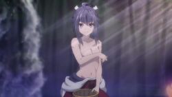 1girls breasts cleavage covering covering_breasts female female_only hi_res long_hair looking_at_viewer medium_breasts nanao_hibiya navel ponytail purple_hair reign_of_the_seven_spellblades scars screencap smile solo topless