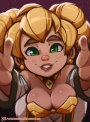 big_breasts blonde_hair brachyzoid breasts chromie cleavage clothed dragonflight gnome gnome_(warcraft) green_eyes large_breasts non-nude selfie shortstack smile warcraft world_of_warcraft