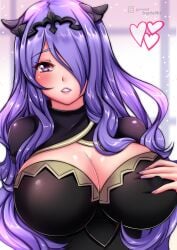 1girls 2023 bangs big_breasts black_clothing black_horns black_tiara blush breasts busty camilla_(fire_emblem) fanart female female_only fire_emblem fire_emblem_fates gold_trim grabbing_own_breast groping_breasts hair_over_one_eye headwear heart large_breasts long_hair looking_at_viewer nintendo nipples_visible_through_clothing parted_lips pink_lips purple_eyebrows purple_eyes purple_hair purple_nail_polish purple_nails smile solo sugarbell voluptuous wavy_hair