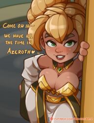 big_breasts blonde_hair brachyzoid breasts chromie cleavage clothed dragonflight gnome gnome_(warcraft) green_eyes large_breasts non-nude seductive shortstack warcraft world_of_warcraft