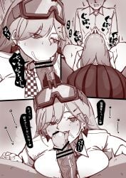 1boy :>= absurdres afterimag artist_request bent_over breast_rest breasts checkered_necktie clenched_teeth collared_shirt commission double-parted_bangs fellatio female gendouki girls'_frontline goggles goggles_on_head hair_between_eyes hair_ornament hair_over_one_eye hairclip hand_on_another's_leg highres jewelry large_breasts large_penis licking licking_penis long_hair long_sleeves looking_at_viewer moaning mole mole_under_eye monochrome motion_lines necktie oral parted_bangs penis shirt sig_mcx_(girls'_frontline) skeb_commission skirt speech_bubble spread_legs teeth tongue tongue_out