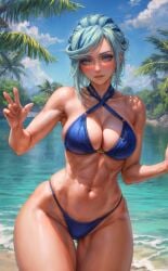 1girls abs ai_generated armpits arms_up beach big_ass big_breasts big_butt bikini blue_eyes blue_hair blush cleavage female grusha_(pokemon) navel pokemon pokemon_sv rule_63 space_o_space stable_diffusion sweat the_character_is_better_this_way thick_thighs thigh_gap thighs